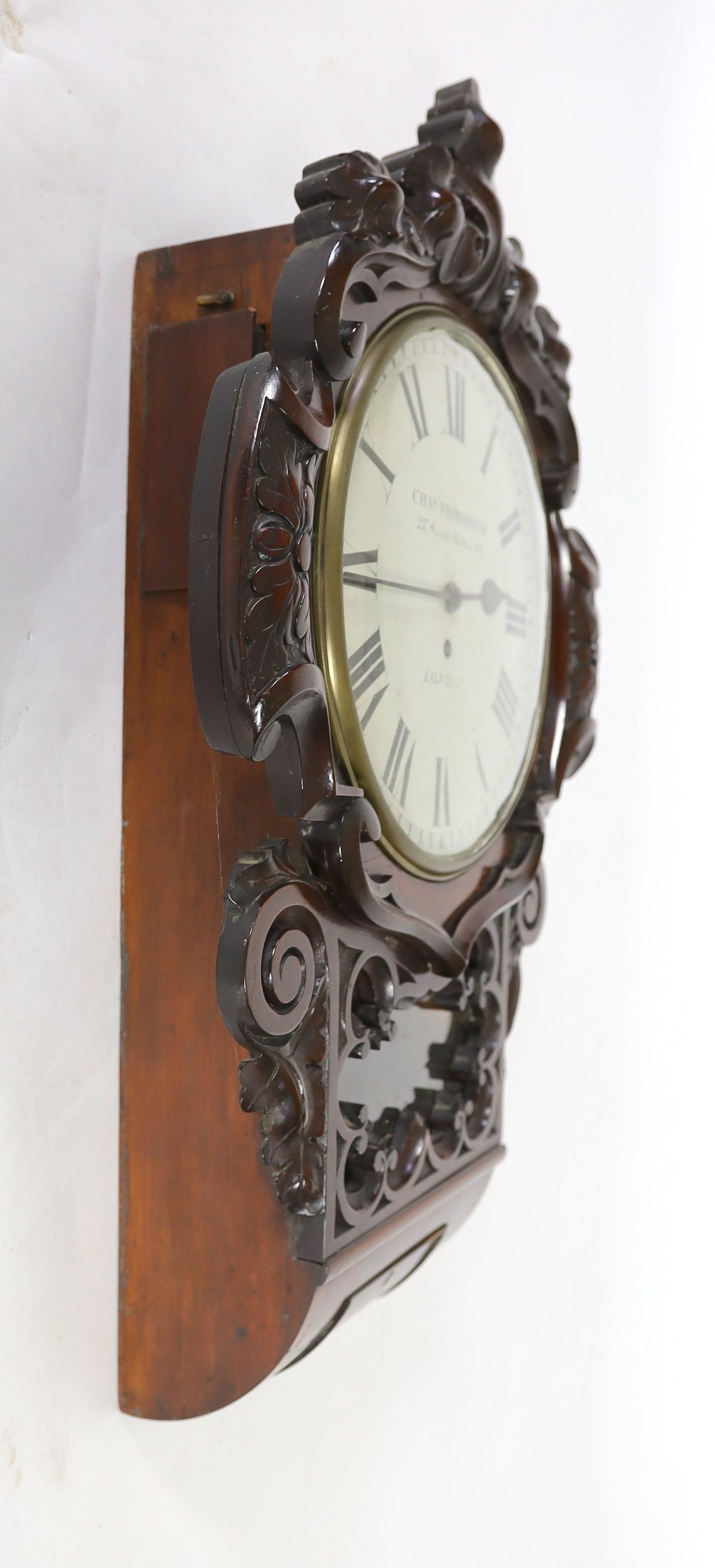 Charles Frodsham, 27 South Molton Street, London. A Victorian carved mahogany drop dial wall timepiece, width 48cm, height 76cm